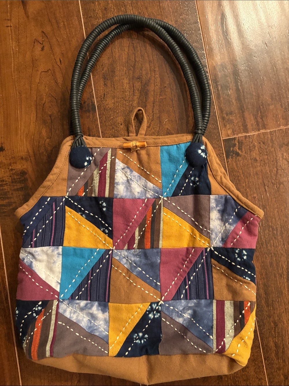 Patchwork Multicolor Boho Tote Bag with Wrapped Handles handmade look